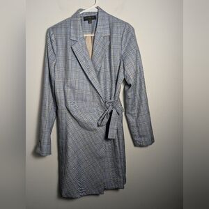 Current Air Blazer Jacket Plaid Blue Tan Pleated Cinch Waist Tie Wrap Sz M